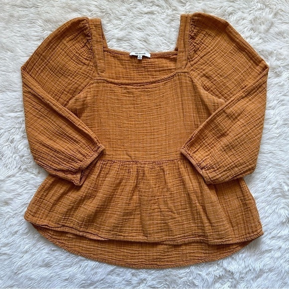 Madewell Blouse Lightspun Millbrook Puff-Sleeve Peplum Top in Windowpane XS - Picture 3 of 12